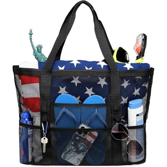 Mesh Beach Bag Family - 9 Pockets Large Beach Tote for Cruise Vacation Essential - Picture 6 of 6